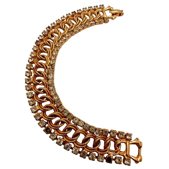 Elegant Costume Gold Tone Bracelet Rhinestone Chain Link Romantic Preppy Glam - Picture 2 of 8